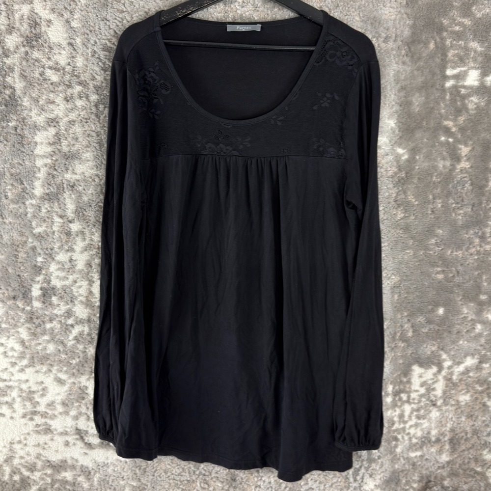 Furnex Size XL Boho Scoop Neck Floral Lace Top Black Long Sleeve Stretch